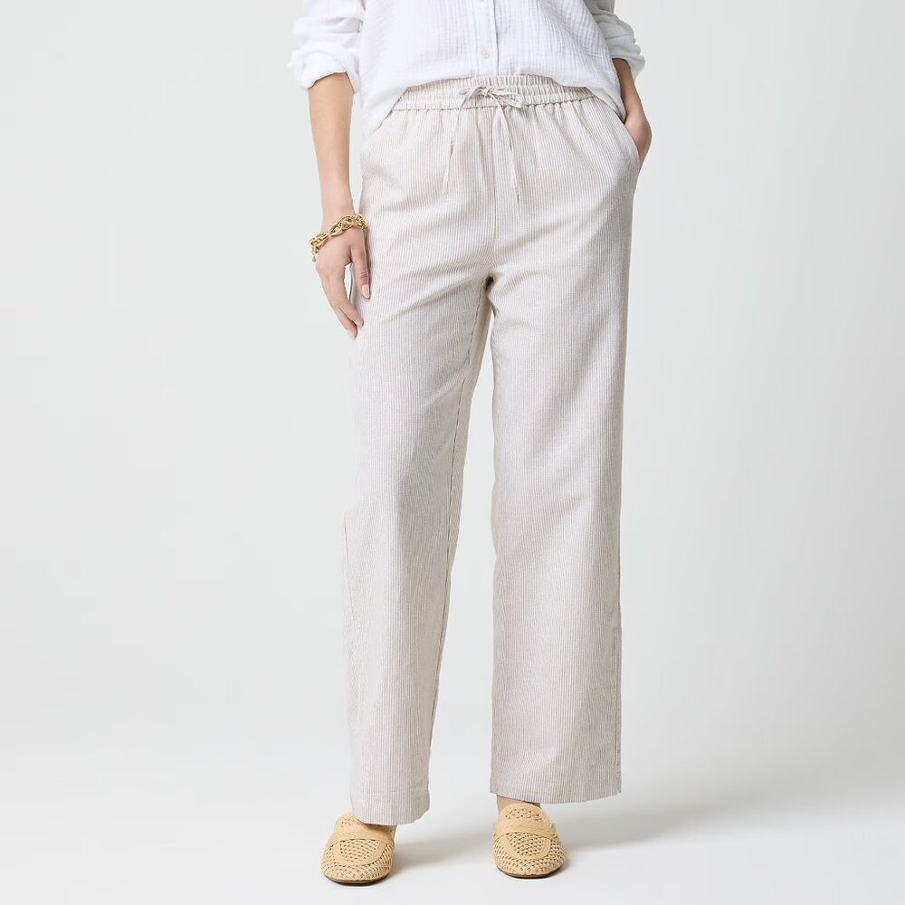 NWT J.Crew Wide Leg Linen Cotton Drawstring Pants Khaki Pinstripe Plus Size 24